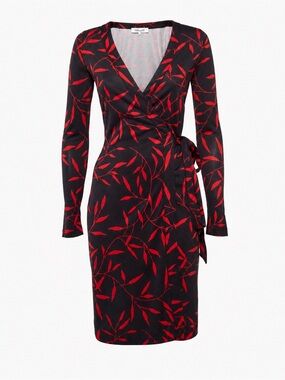 Diane von Furstenberg 100% Silk Wrap Dress Size 8 Black Red Leaf